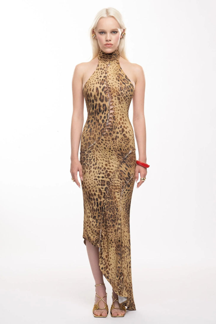 Leopard print halter neck maxi dress with asymmetrical draped hem — The Kript | Endless UAE