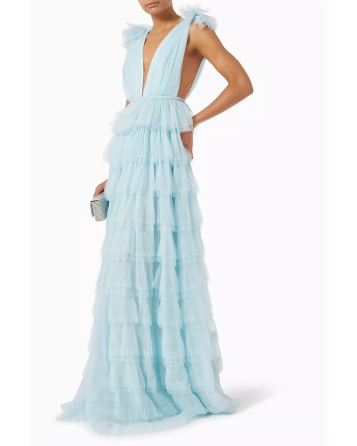 Sabrina Tiered Gown in light blue tulle with deep V-neckline and bow shoulders — Sau Lee | Endless UAE