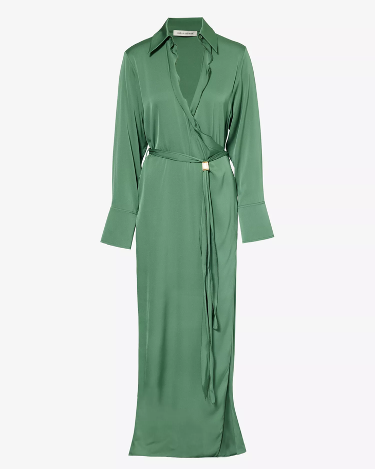 Woman wearing sage green silk-blend maxi dress with collar and tie detail — Camilla And Marc | Endless UAE