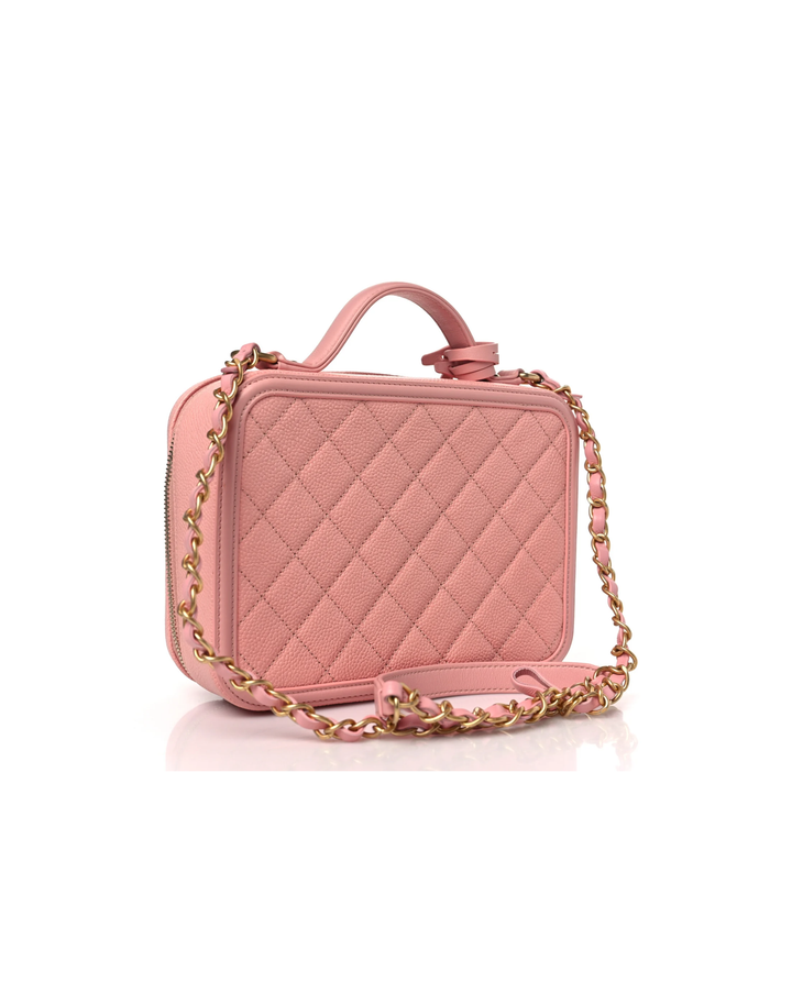 Pink quilted Chanel Filigree Vanity Bag with gold hardware and chain strap — Chanel | Endless UAE