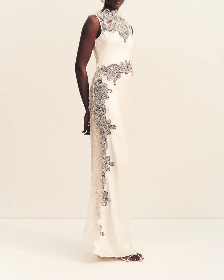 Stratus Sheer Lace High Neck Maxi Dress in cream with intricate lace detailing — Shona Joy | Endless UAE