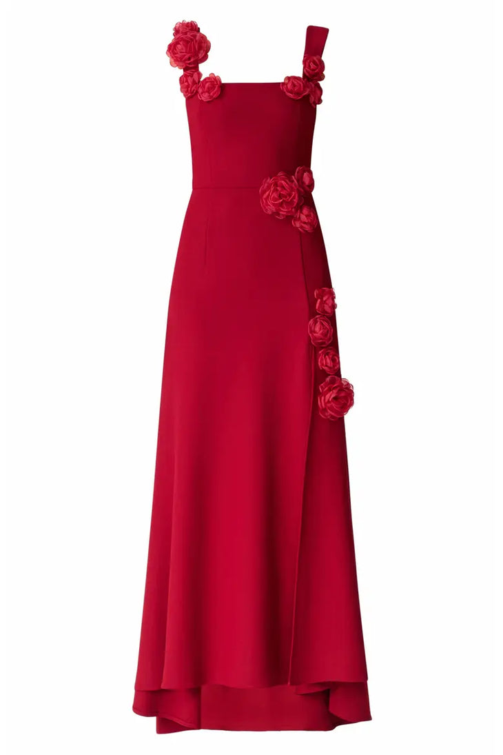 Red sleeveless high-low gown with floral embellishments on shoulders and side — Elliatt | Endless UAE
