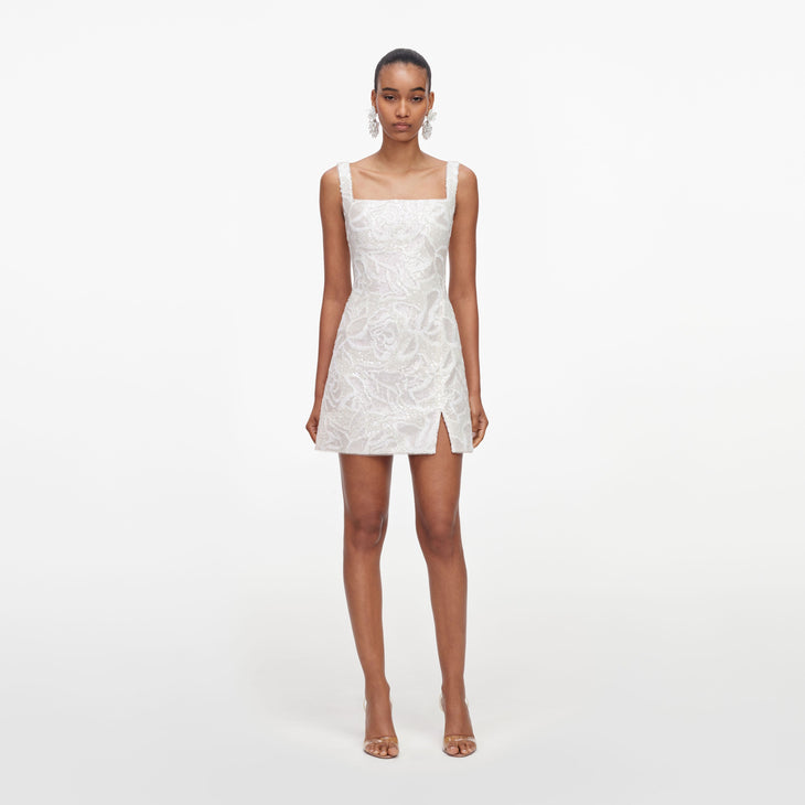 White sequin lace mini dress with square neckline and side slit — Self portrait | Endless UAE