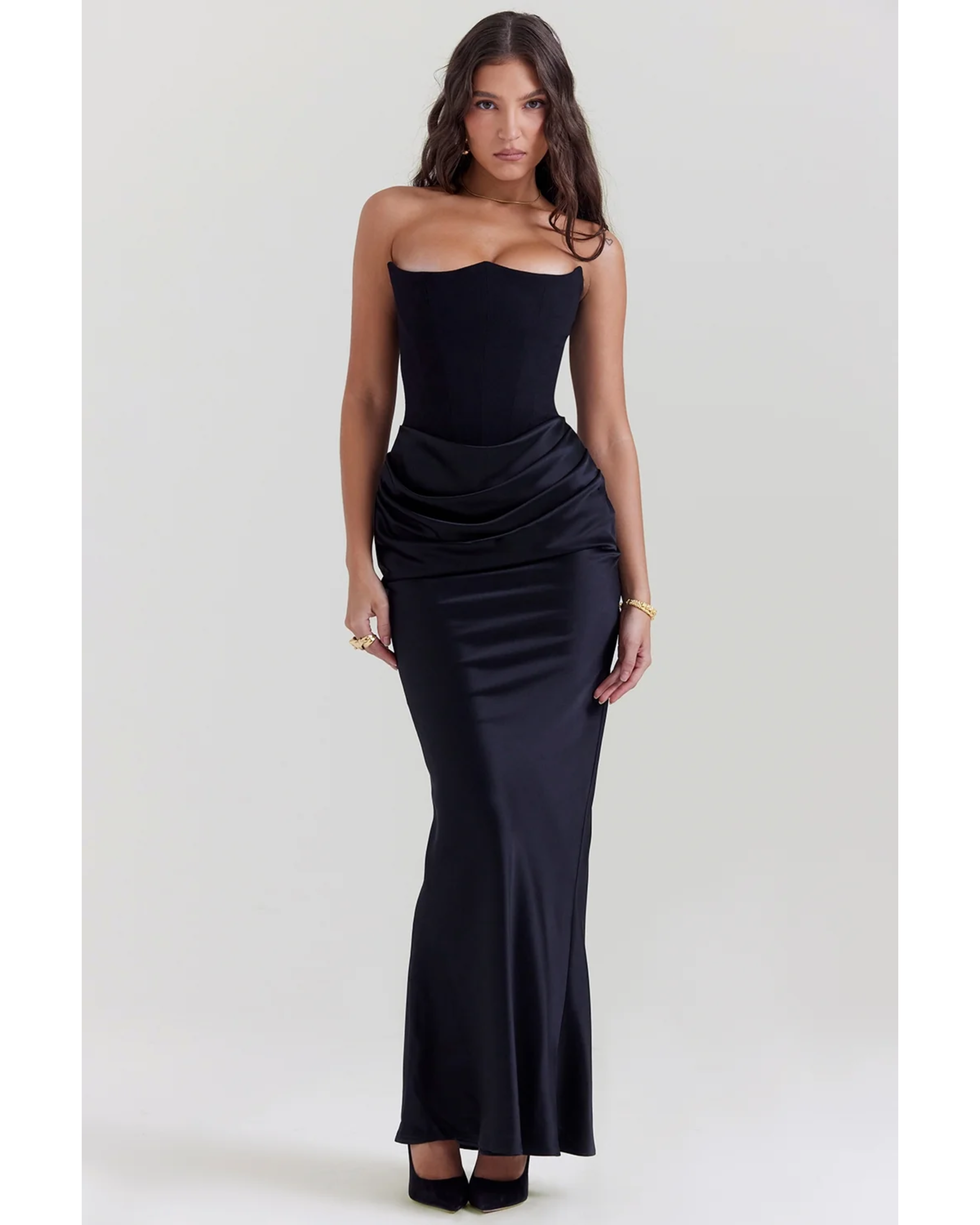 Black strapless corset maxi dress with ruched waist detail — House of CB | Endless UAE