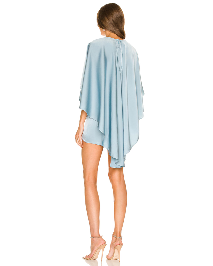 Light blue wrap mini dress with flutter sleeves and tie waist detail — Michael Costello | Endless UAE