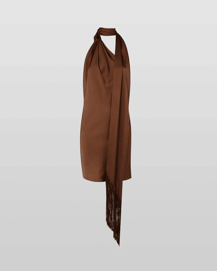 Serafia Cocoa Dress with halter neckline and fringed hem detail — Rat & Boa | Endless UAE