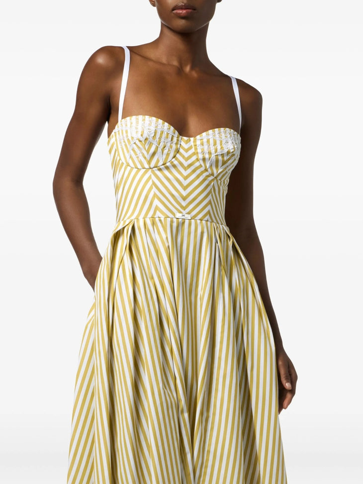 Yellow and white striped midi dress with sweetheart neckline — Elisabetta Franchi | Endless UAE