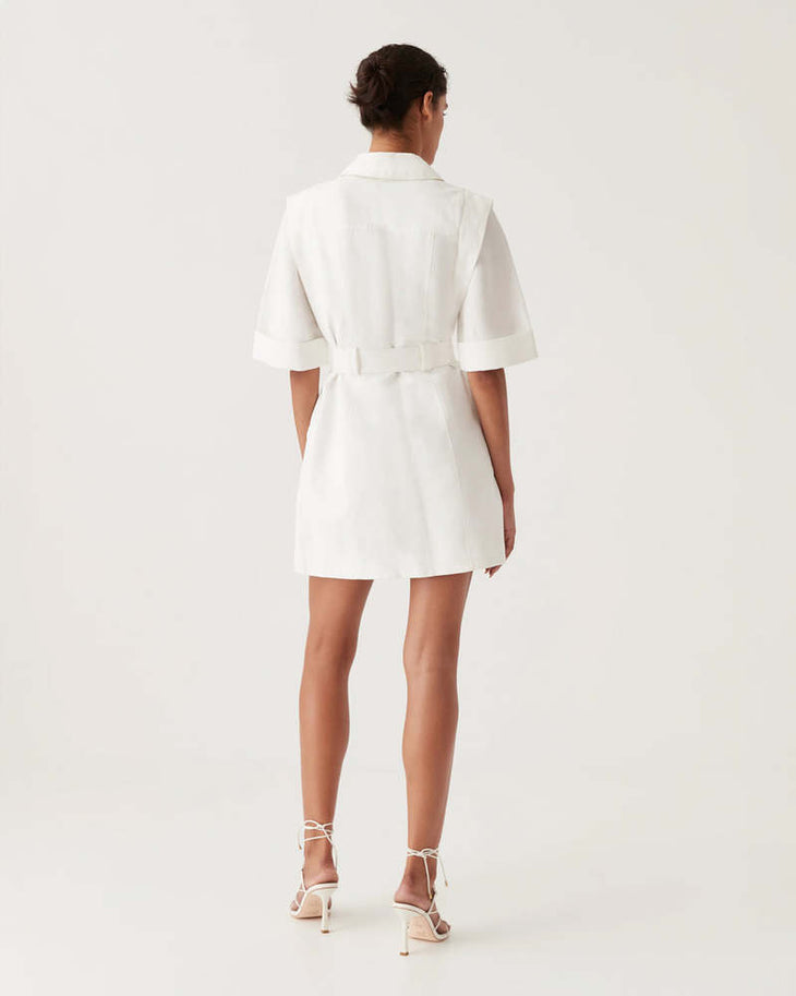 Lyric Belted Mini Dress in white linen with short sleeves and gold buckle belt — Aje | Endless UAE