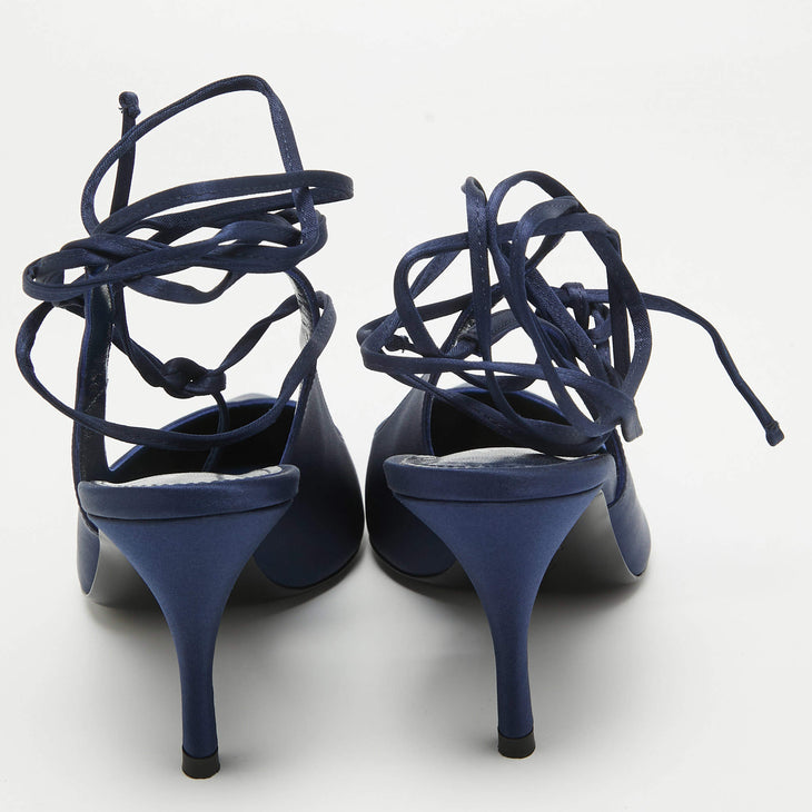 Navy pointed-toe slingback pumps with ankle tie straps — The Attico | Endless UAE
