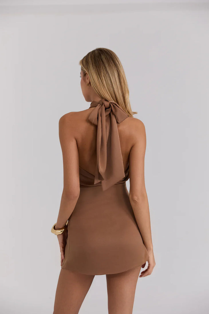 Oriana Dress Satin Bronze featuring halter neckline and cutout details — By Alle | Endless UAE