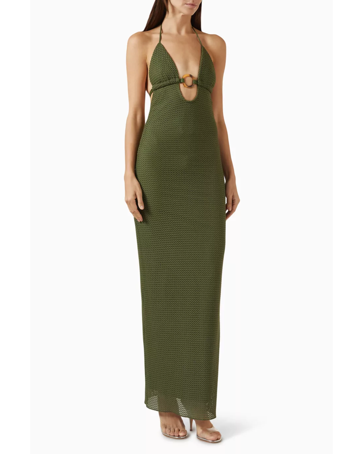 Olive green crochet halter maxi dress with cutout detail and tortoiseshell ring accent — Montce | Endless UAE