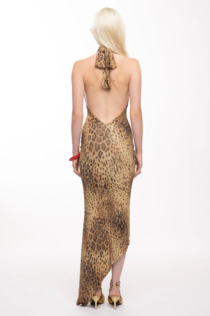 Leopard print halter neck maxi dress with asymmetrical draped hem — The Kript | Endless UAE