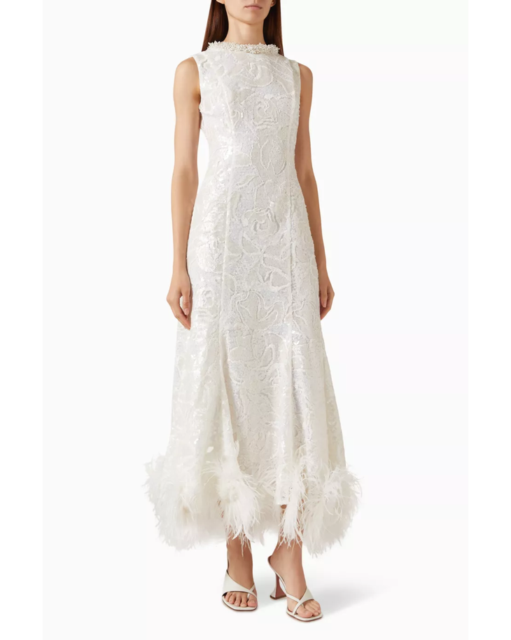 White sequin-embellished sleeveless dress with feather hem detail — Self-Portrait | Endless UAE