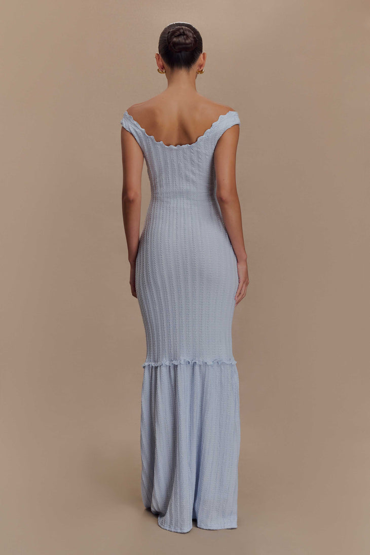 Natalie Off Shoulder Maxi Dress in light blue with ruched texture and cutout detail — Meshki | Endless UAE