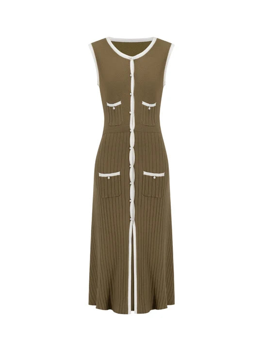 Pearl Knit Dress in Olive with cream trim and pocket details — Marble | Endless UAE
