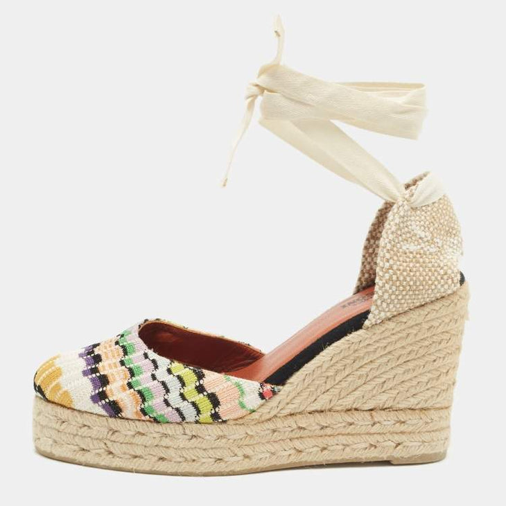 Castañer Carina canvas wedge espadrilles with colorful geometric knit pattern and cream ankle ties — Missoni | Endless UAE