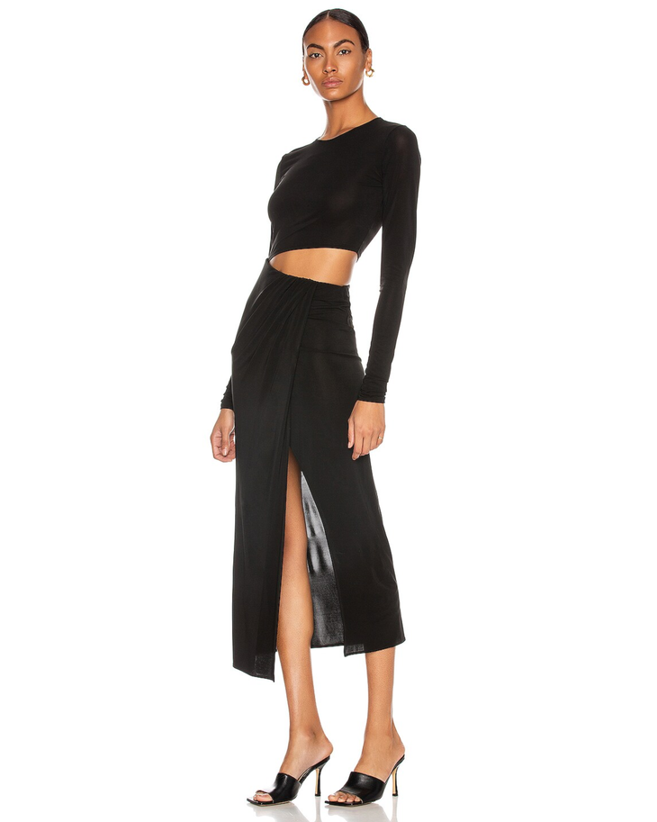 Black cut-out midi dress with long sleeves and high slit — The Andamane | Endless UAE