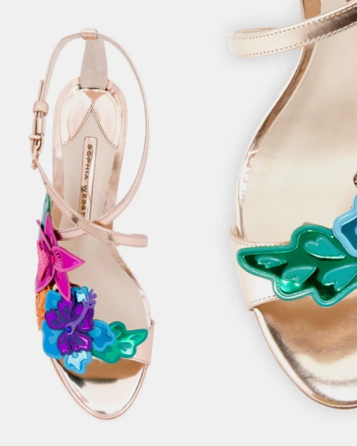 Rose gold leather sandal with colorful 3D floral appliqués and strappy design — Sophia webster | Endless UAE