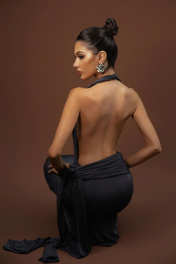 Valeria Gown charcoal halter neckline draped waist floor length — By Alle | Endless UAE