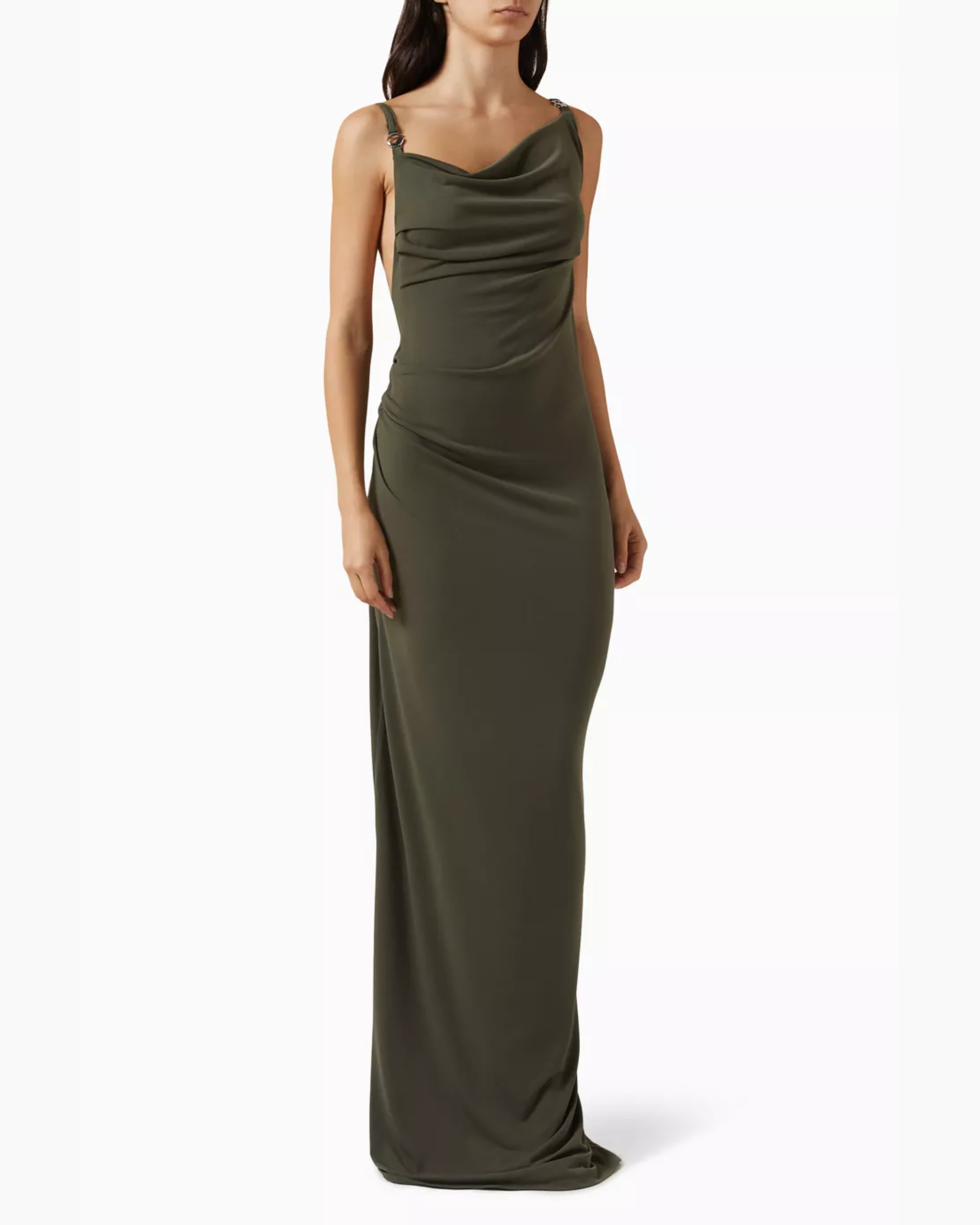 Olive draped open-back gown with thin straps and ring detail — Coperni | Endless UAE