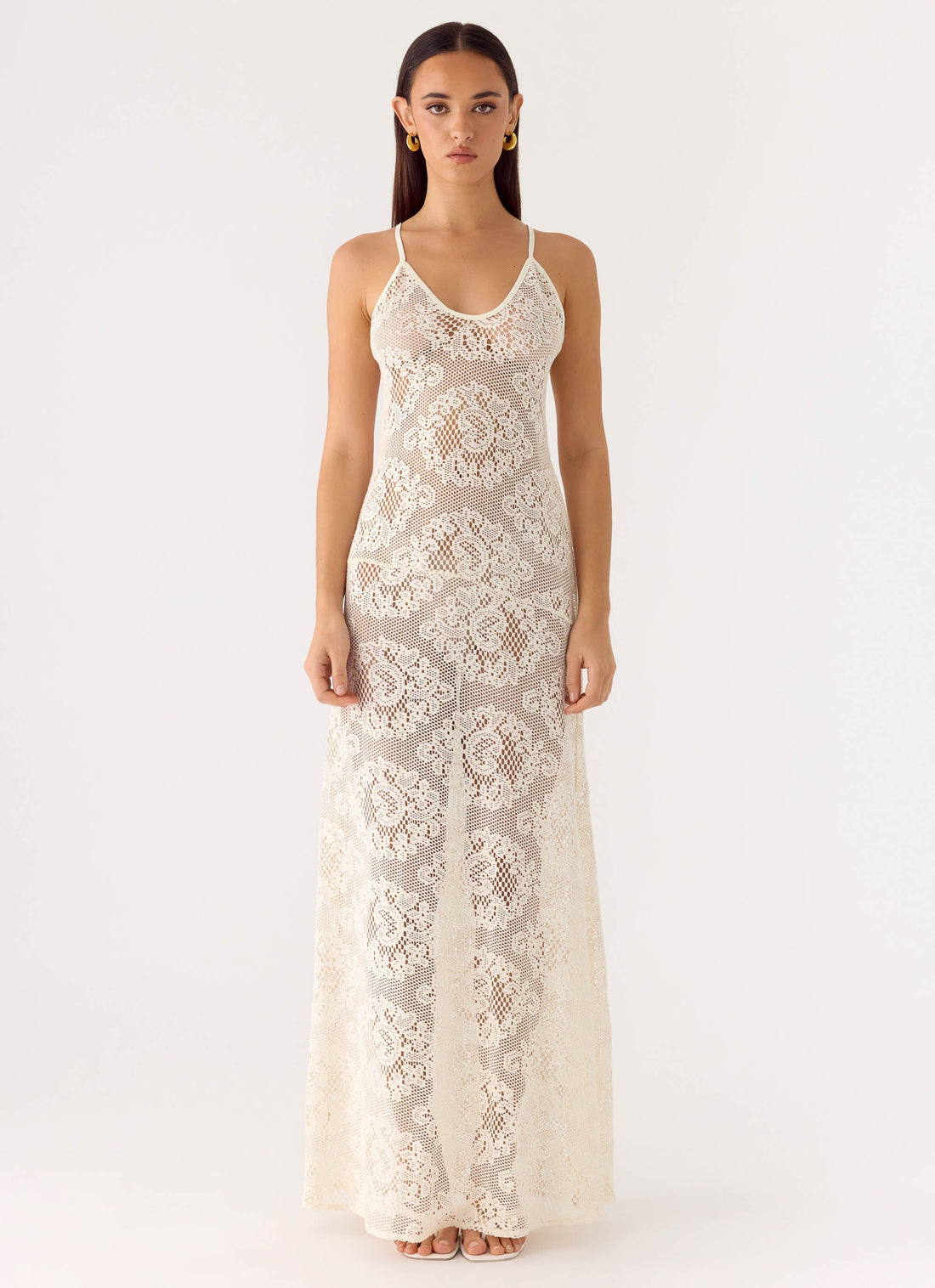 Annalee Maxi Dress in cream lace with V-neckline and thin straps — Peppermayo | Endless UAE