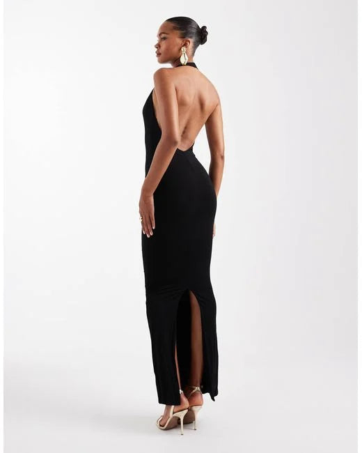 Black halterneck plunge bodycon maxi dress with backless design and side slit — Wanderdoll | Endless UAE
