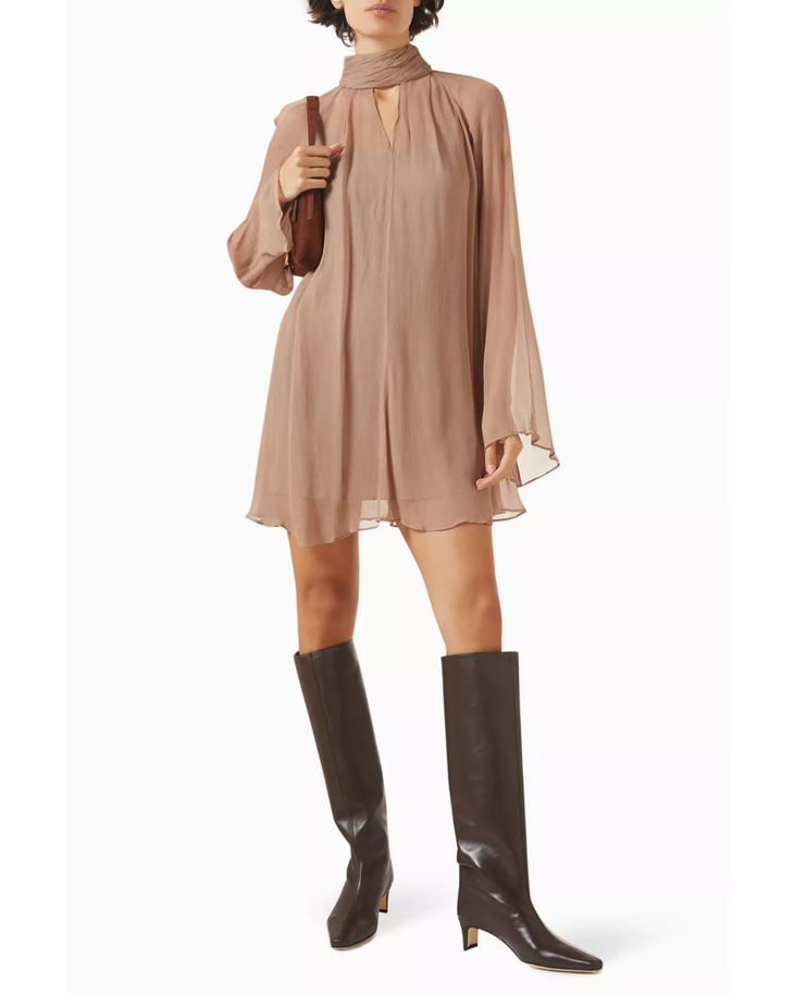 Taupe chiffon mini dress with long sleeves and turtleneck collar — Staud | Endless UAE