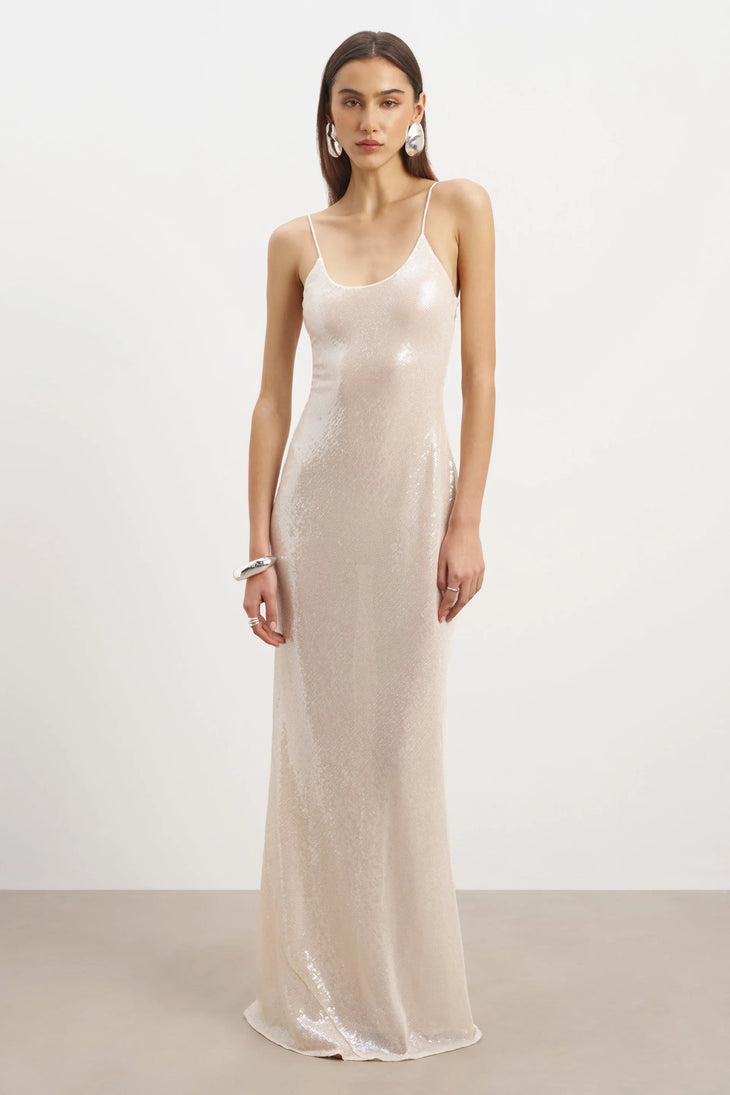 Ivory sequin camisole maxi dress with thin straps and flowing silhouette — Because of Alice | Endless UAE