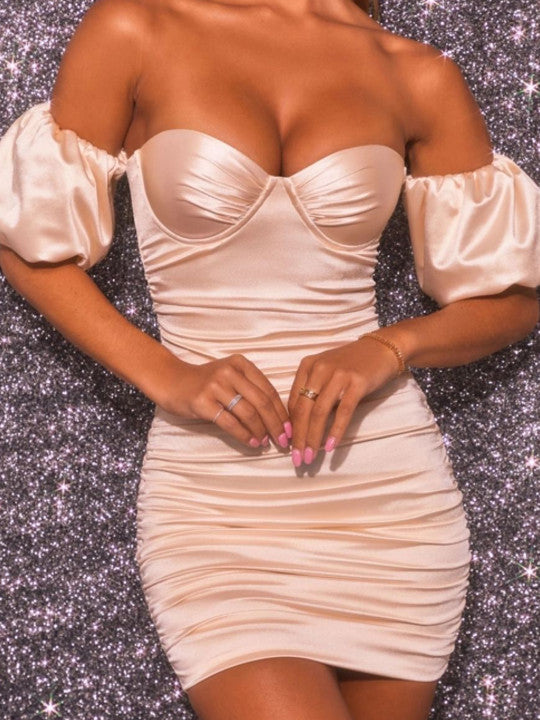 Pink off-shoulder bodycon mini dress with puff sleeves on glitter background — Oh Polly | Endless UAE