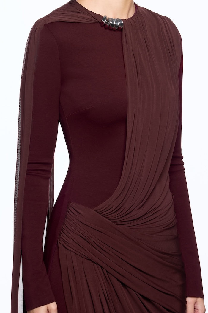 Burgundy draped long-sleeve gown with elegant ruching detail — Chats By C.Dam | Endless UAE