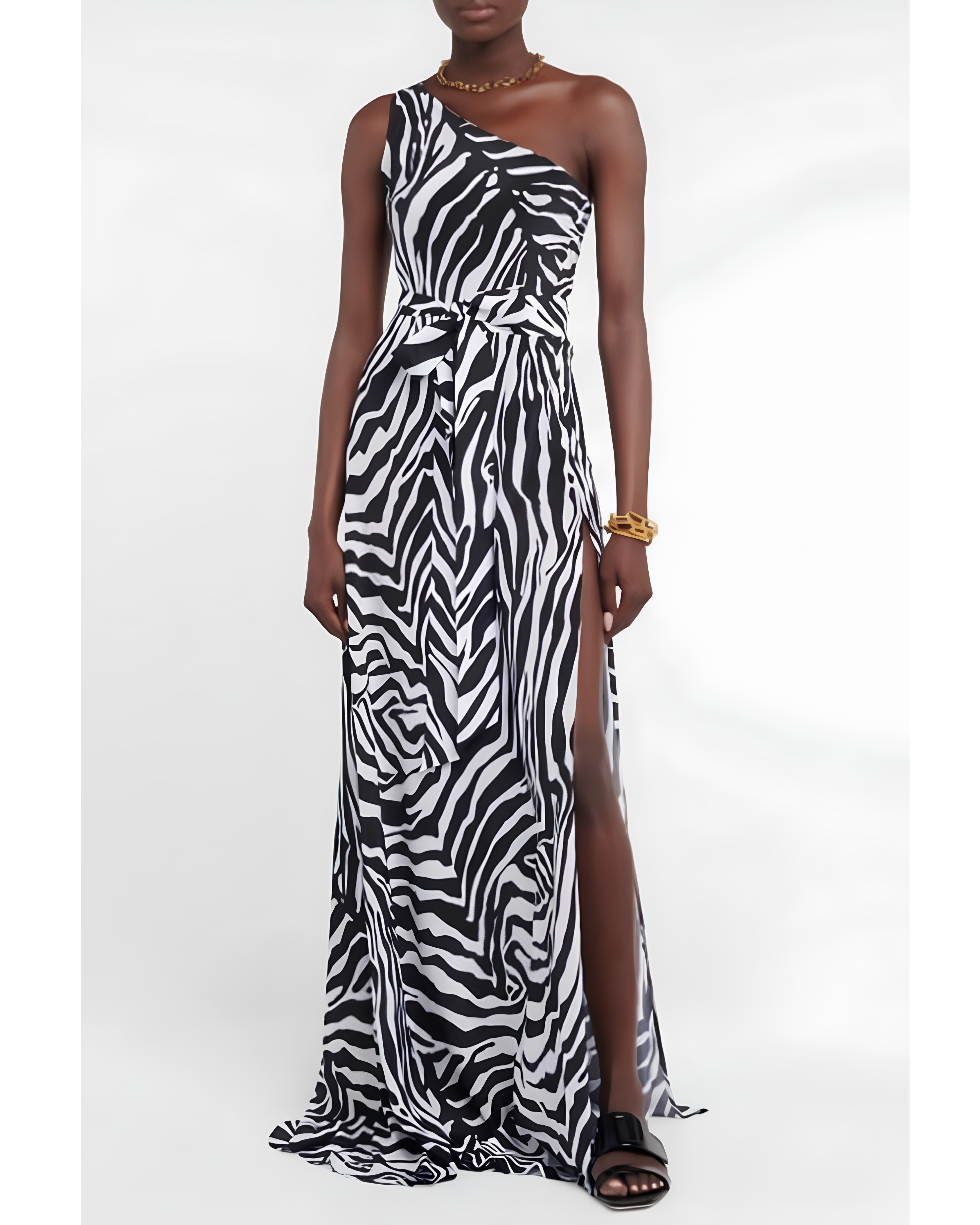 Zebra-print one-shoulder maxi dress with high slit — Alexandra Miro | Endless UAE