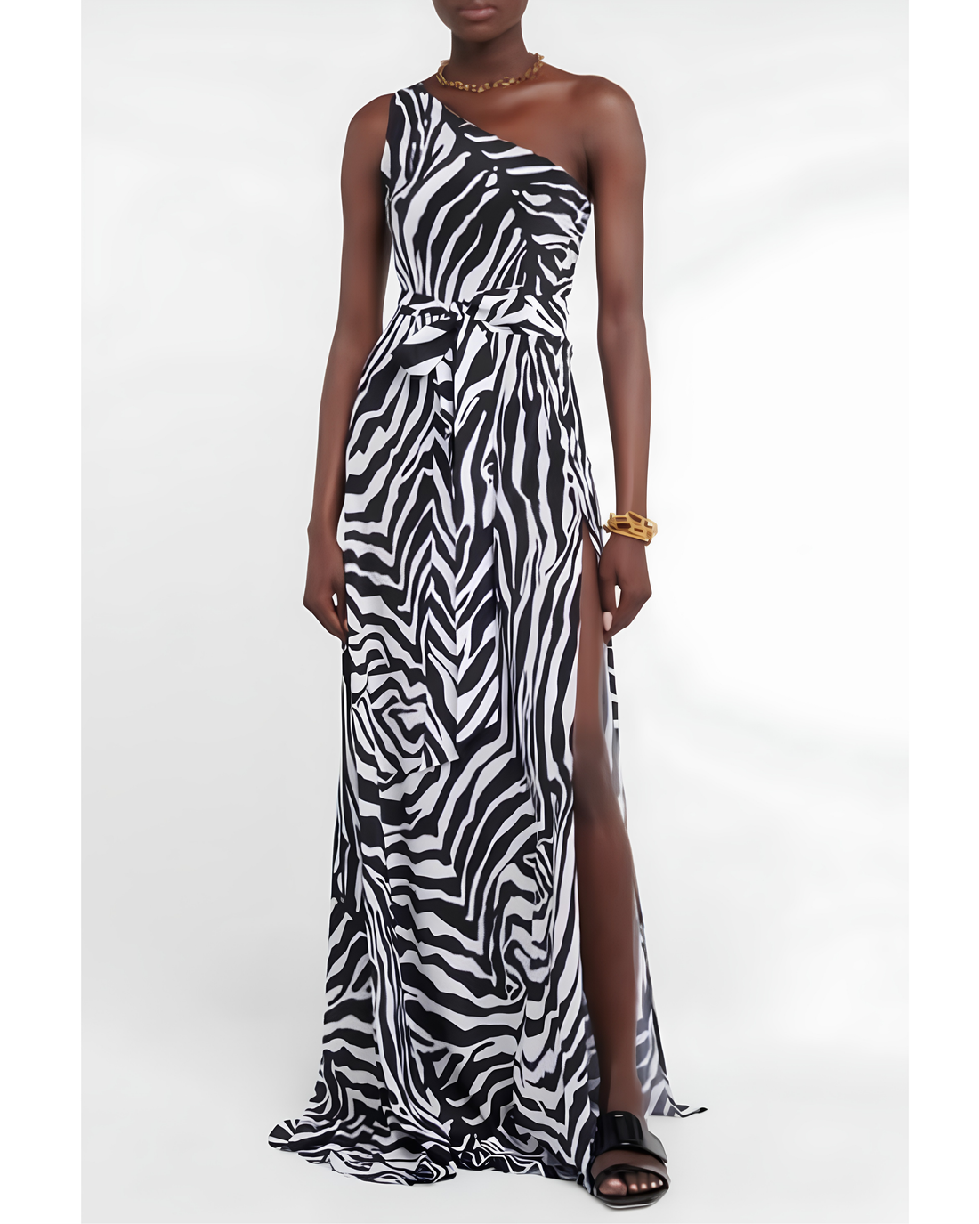Zebra-print one-shoulder maxi dress with high slit — Alexandra Miro | Endless UAE