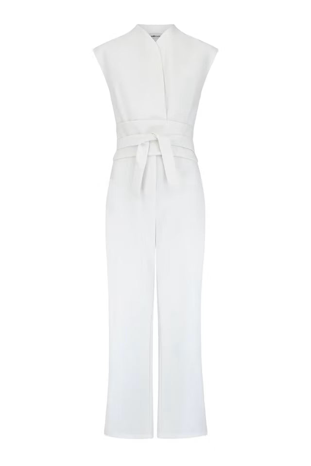 White sleeveless jumpsuit with tie waist — Odd Muse | Endless UAE