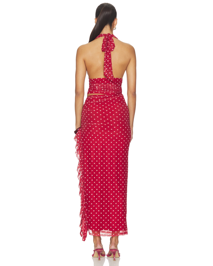 Red polka dot halter maxi dress with ruched waist and fringe trim — More To Come | Endless UAE