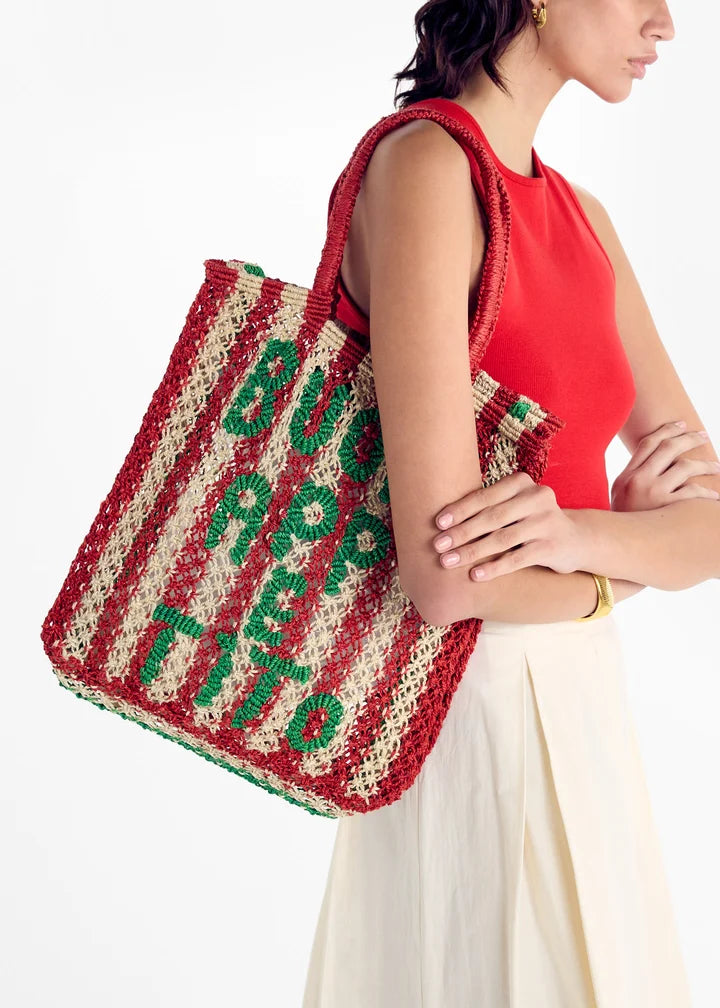 Red and green crocheted tote bag with striped pattern and handles — The Jacksons | Endless UAE