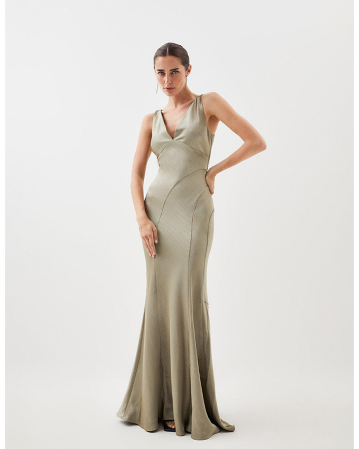 Beige sleeveless wrap maxi dress with curved seam details — Karen Millen | Endless UAE