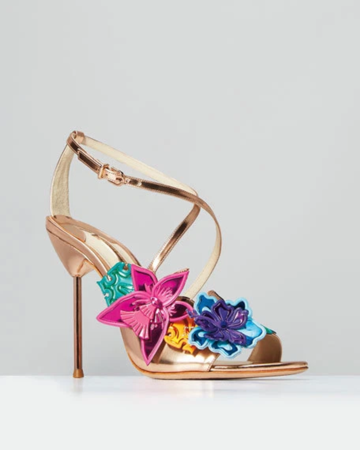 Rose gold leather sandal with colorful 3D floral appliqués and strappy design — Sophia webster | Endless UAE