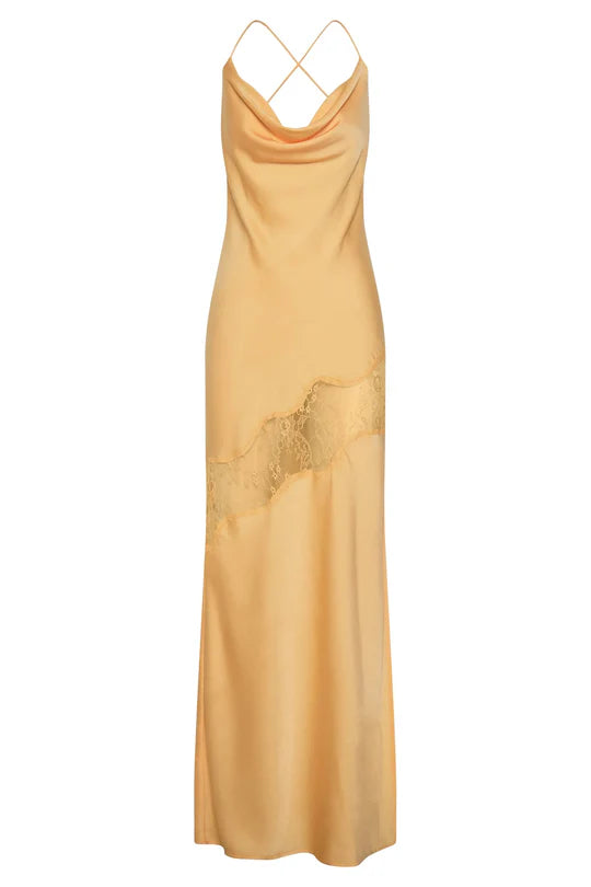 Woman wearing yellow Chandra Lace Dress with cowl neckline and lace side cutout — Meshki | Endless UAE