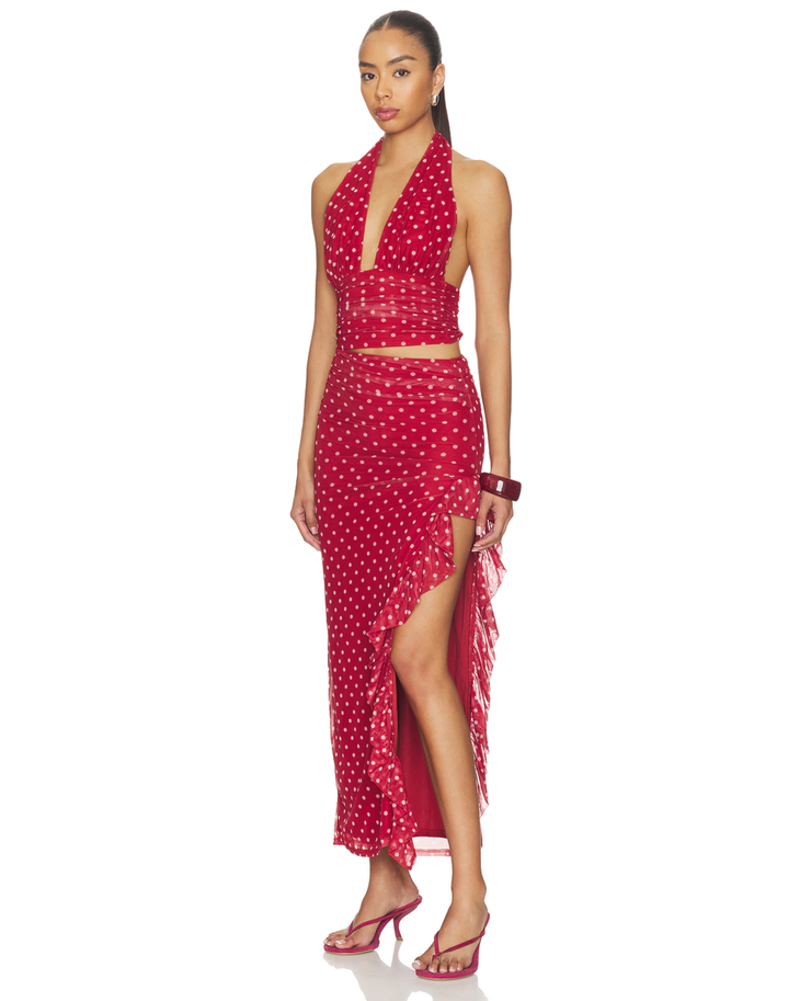 Red polka dot halter maxi dress with ruched waist and fringe trim — More To Come | Endless UAE