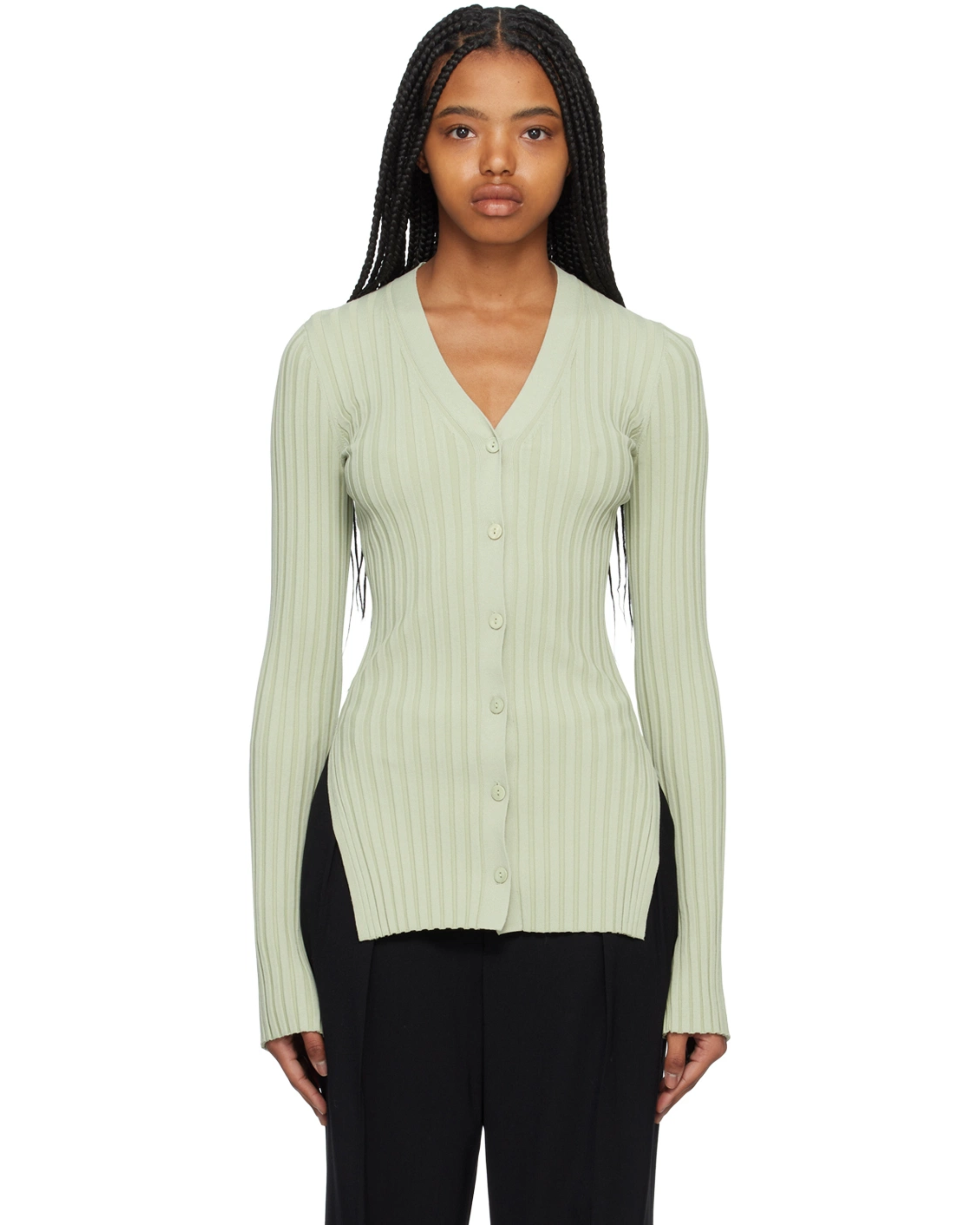 Sage green ribbed cardigan with button front and long sleeves — Axel Arigato | Endless UAE