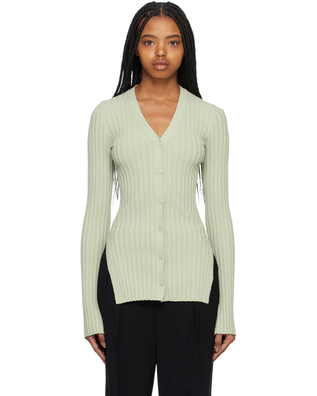 Sage green ribbed cardigan with button front and long sleeves — Axel Arigato | Endless UAE