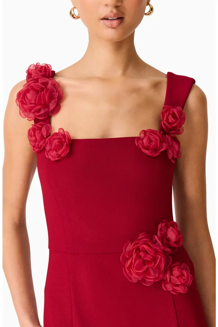 Red sleeveless high-low gown with floral embellishments on shoulders and side — Elliatt | Endless UAE