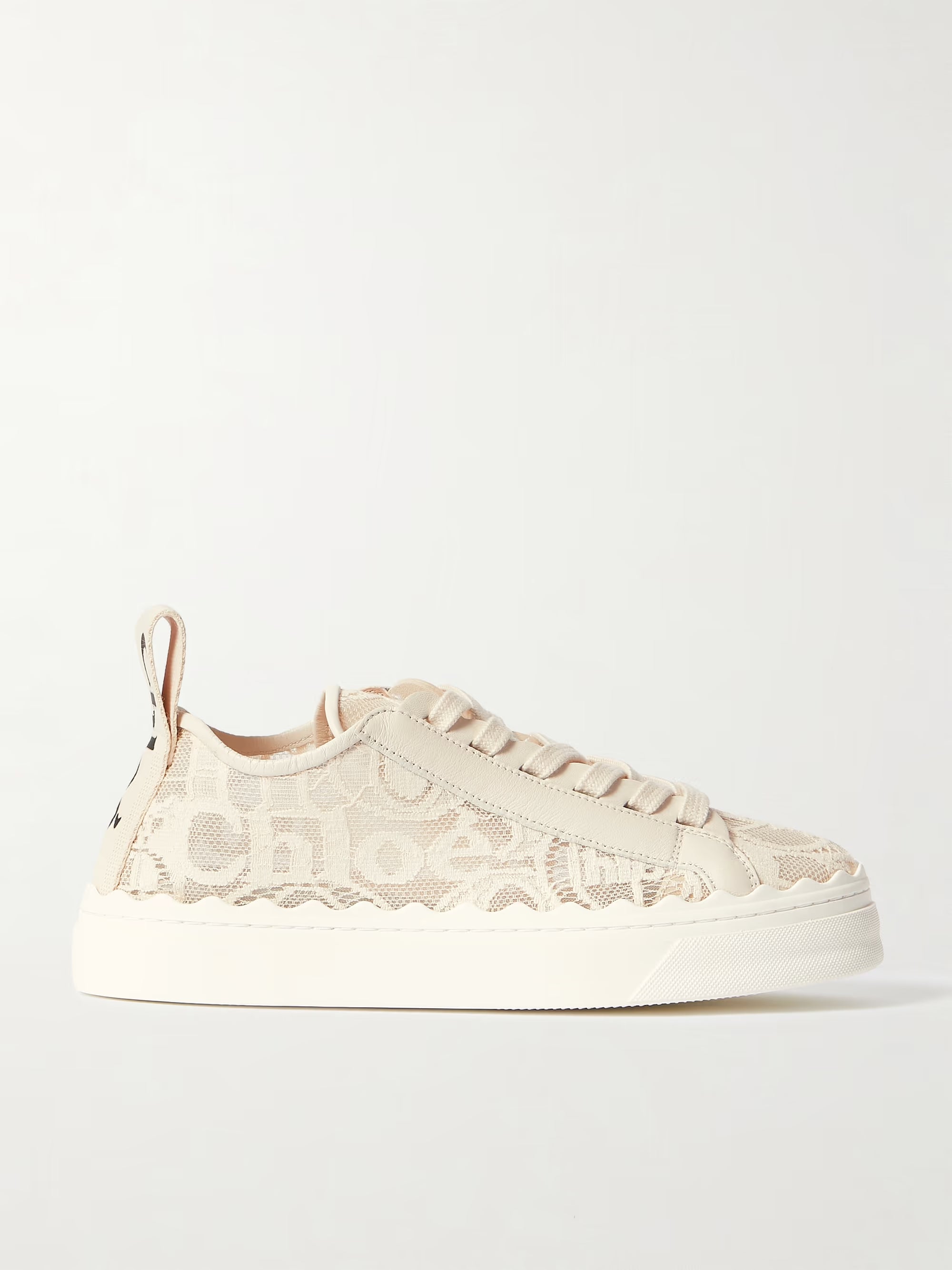 Lauren Scalloped Lace Sneakers in cream with leather trim and canvas details — Chloe | Endless UAE