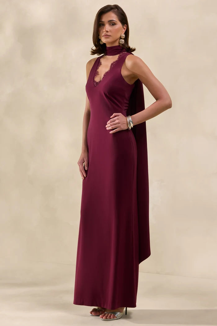 Burgundy satin high-neck maxi slip dress with lace detail — Club L London | Endless UAE