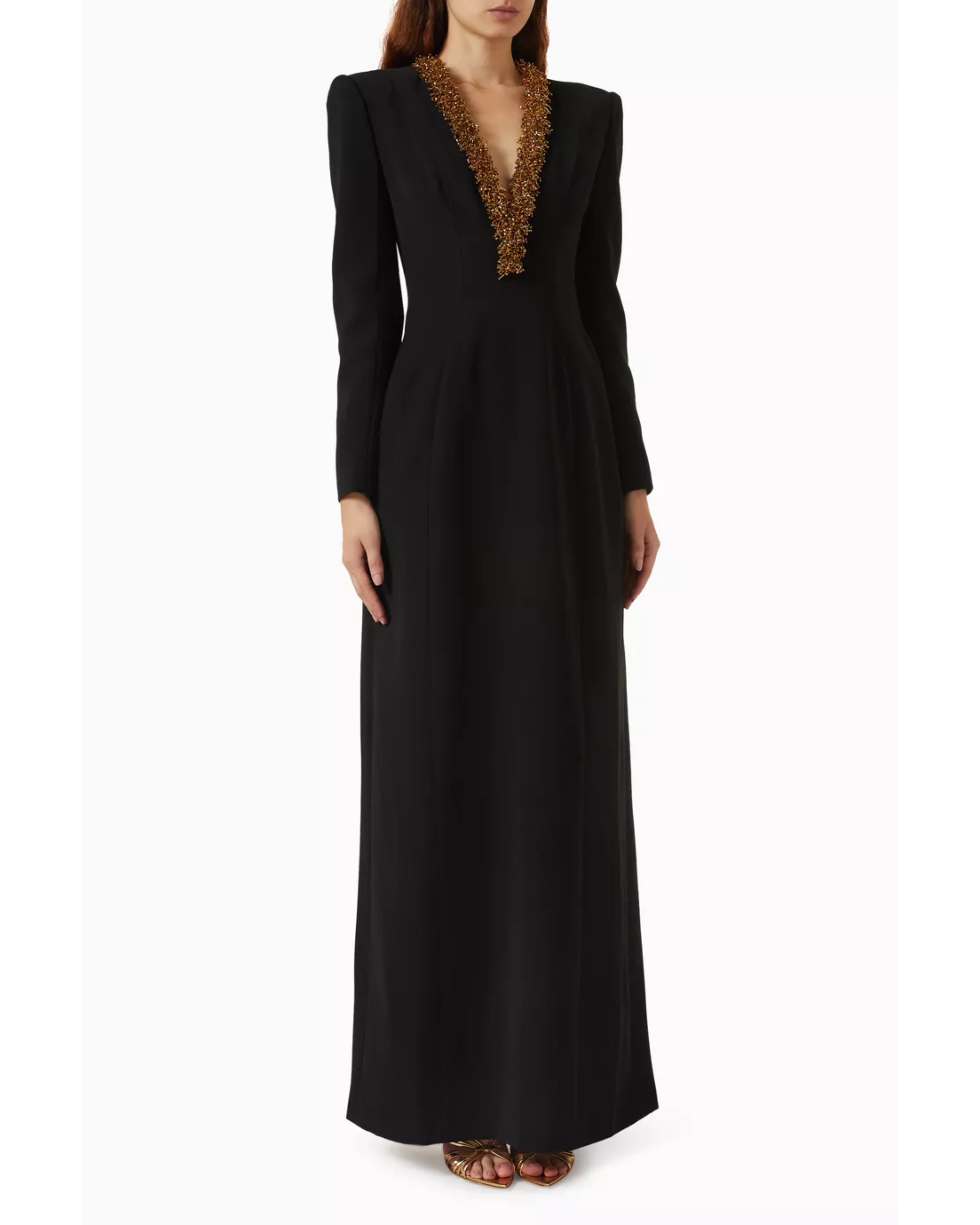 Black embellished V-neck maxi dress with long sleeves and gold beading detail — Tracy Studio | Endless UAE
