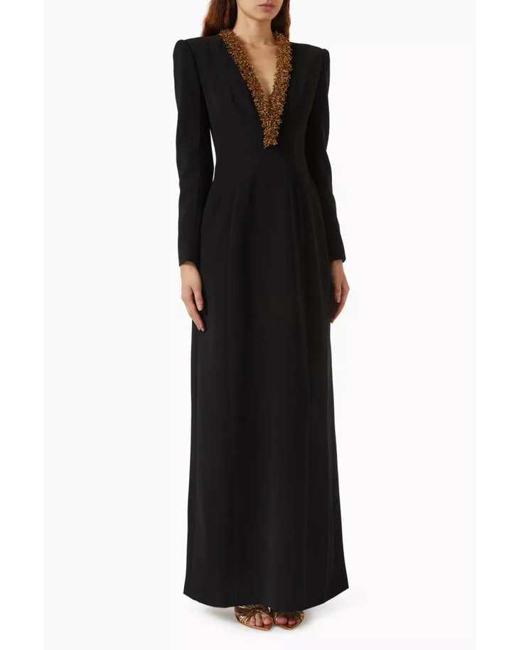 Black embellished V-neck maxi dress with long sleeves and gold beading detail — Tracy Studio | Endless UAE