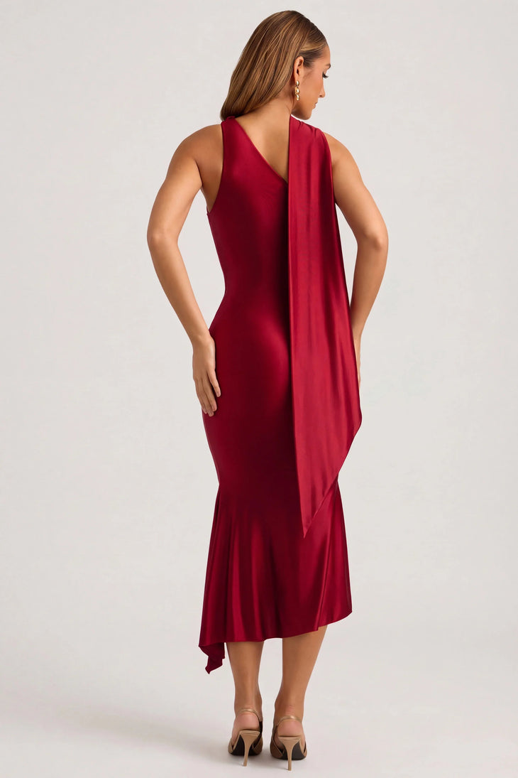 Woman wearing rouge asymmetric scarf-detail midaxi dress with halter neckline and draped hem — Oh Polly | Endless UAE