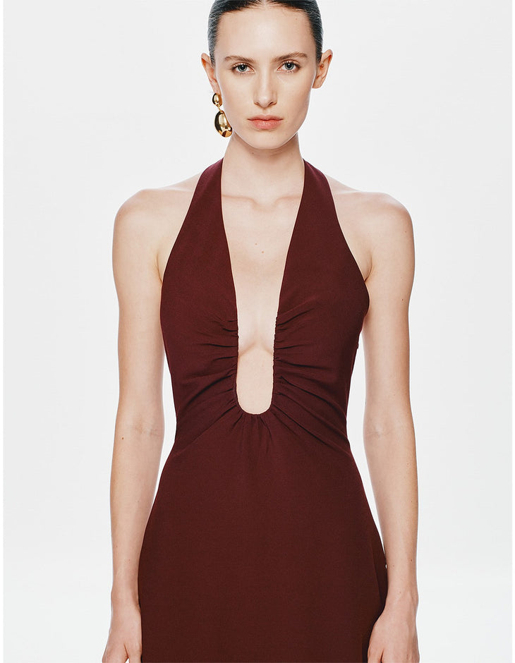 The Alusia Dress in burgundy halterneck maxi silhouette — Misha | Endless UAE