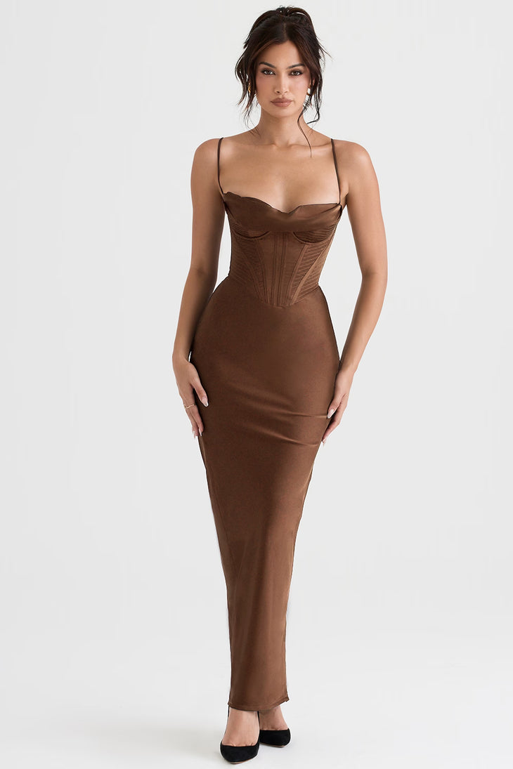 Chocolate corset maxi dress with sweetheart neckline and thin straps — House of CB | Endless UAE