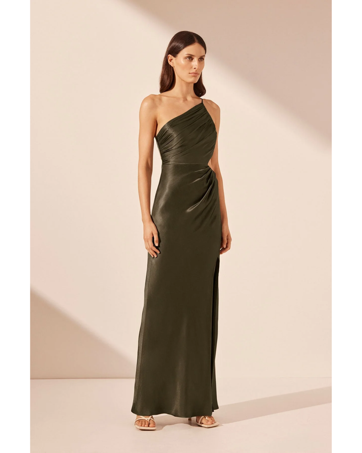 Olive asymmetrical gathered maxi dress with one-shoulder neckline and cutout detail — Shona Joy | Endless UAE